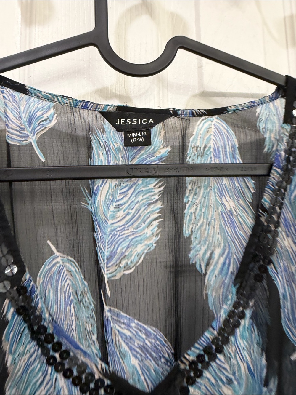 Jessica Black Sheer Cover up with Blue Feather Motif - Picture 4 of 5